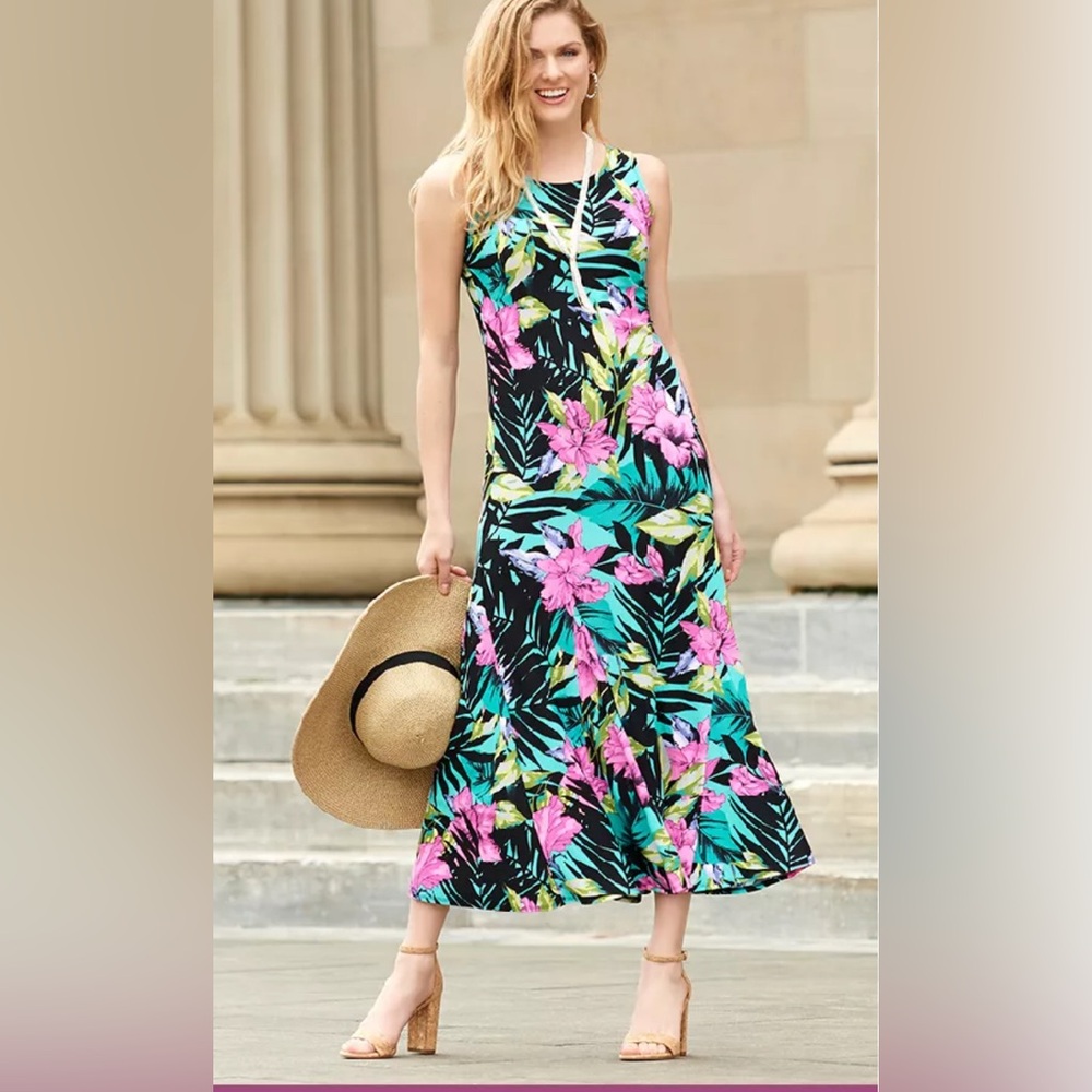 Attitudes by Renee Como Jersey Tropical Print Sleeveless Maxi Dress Size LARGE